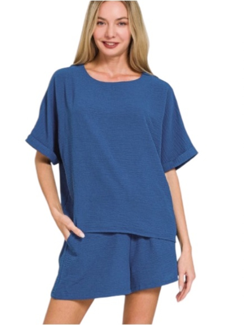 Zenana Outfitters Blue High Waist Shorts Set